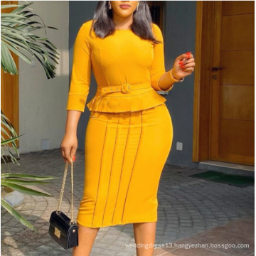 Yellow Peplum With Waist Belt Elegant Office Women Career Dresses